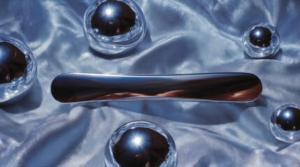 Long, shiny, metallic object lying on a blue satin fabric. the object appears to be a spoon or a fork, with a curved handle and a pointed end.