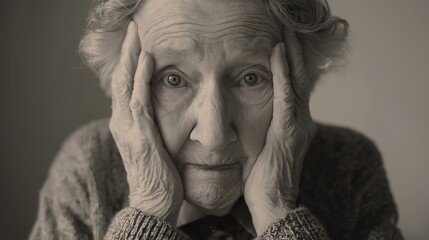 Elderly person holding face with both hand indicating vision loss and concern, concept of macular degeneration affecting central sight.