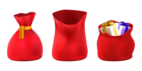 3D Santa Claus money bag with gold ribbon, secret present. Merry Christmas red sack pouch. Isolated vector render, Xmas winter holiday delivery. Realistic wrapped festive gift box with ribbon bow