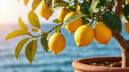 Close-up of a potted lemon tree with ripe yellow fruit and green leaves against a blurred blue sea background under bright sunny light