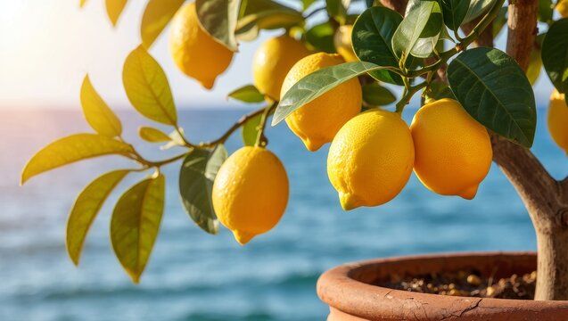 Close-up of a potted lemon tree with ripe yellow fruit and green leaves against a blurred blue sea background under bright sunny light - Powered by Adobe
