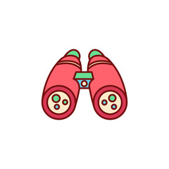 A vibrant cartoon illustration of red binoculars with green eyepieces, depicted in a simple icon style against a plain white background.