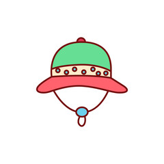 A cartoon illustration of a colorful sun hat with a green crown, red brim, and a dotted band, featuring a chin strap.