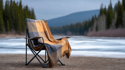 Winter riverside camp in forest with cozy chair and warm blanket near frozen water and pine trees