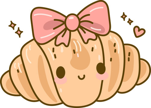 Cute cartoon croissant with a pink bow and smiling face. Adorable cartoon pastry illustration for stickers, prints, and kids designs. vector illustration