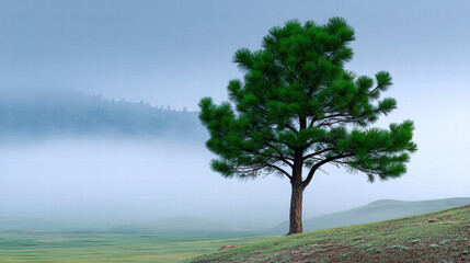 Zen pine tree stands alone in fog on gentle hill with soft light creating peaceful and calm natural scene