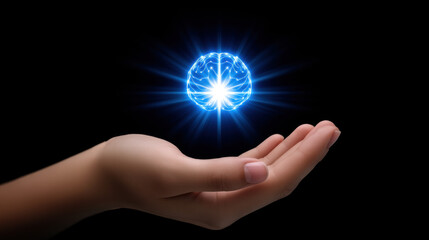 Ai chip in hand as human mind metaphor glowing blue brain light