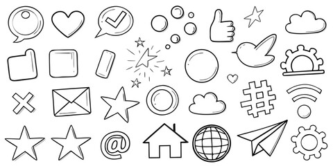 Hand drawn social media and web icons in black and white