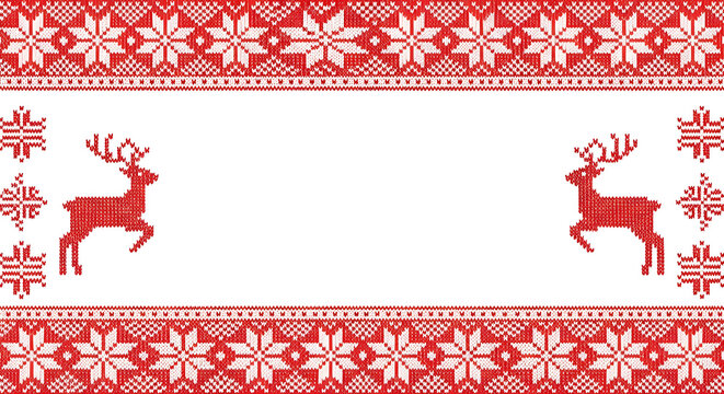 Red and white knitted Christmas banner with reindeer - Powered by Adobe