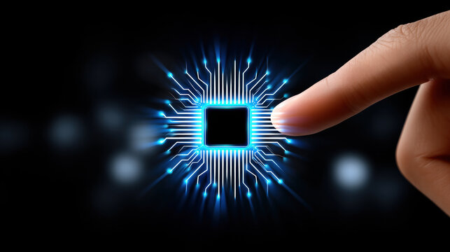 AI chip in hand as human mind metaphor glowing with blue light on black background