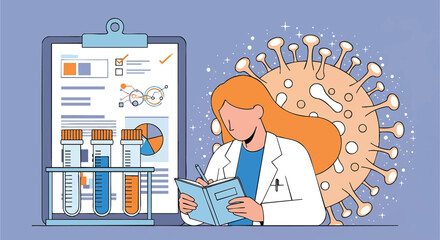 Medical researcher analyzing data and taking notes on a new virus with test tubes and clipboard graphs for scientific research in health settings