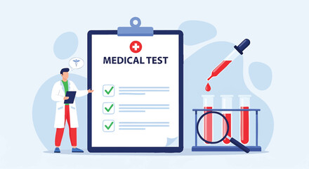 Medical Test Illustration with Doctor and Blood Samples Representing Health Checkup and Diagnostic Processes for Patient Care in Modern Healthcare