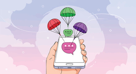 Mobile Messaging with Parachutes Delivering Notifications and Communications Illustration Depicting Communication Delivery and Realtime Updates on a Handheld Device Against a Colorful Sky Background