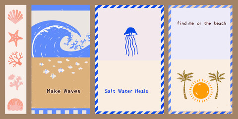 Beach themed illustrations with waves jellyfish palm trees and seaside elements