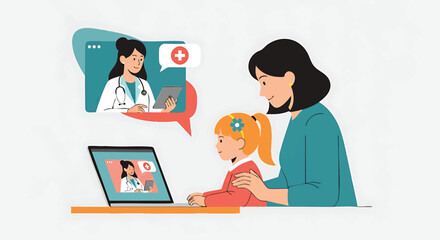 Mother and daughter in virtual consultation with doctor via laptop showcasing telehealth and telemedicine benefits offering convenient healthcare solutions