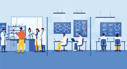 Modern Science Laboratory Illustration Featuring Researchers and Technicians Working on Scientific Projects and Data Analysis with Advanced Equipment for Medical and Technological Advancement