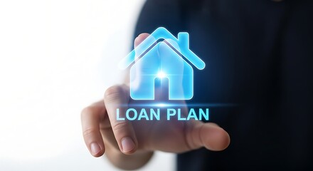 Close up of a businessman in a suit using a laptop computer to apply for a home loan online with a digital interface showing house icon and financial information