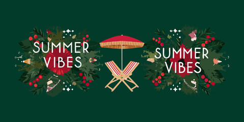 Summer vibes illustration with beach chairs umbrella and floral elements