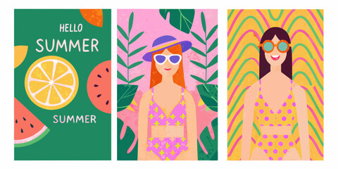Colorful summer illustration set with women and tropical fruits