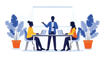 Professional Business Meeting Illustration with Diverse Team Presenting Ideas and Collaborating on Laptops in a Modern Office Space for Corporate Success