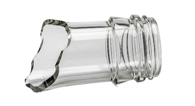 Broken glass bottle neck with threaded top and jagged edge&mdash;fragment from shattered container, relevant for safety, recycling, or forensic analysis