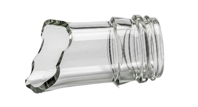 Broken glass bottle neck with threaded top and jagged edge—fragment from shattered container, relevant for safety, recycling, or forensic analysis