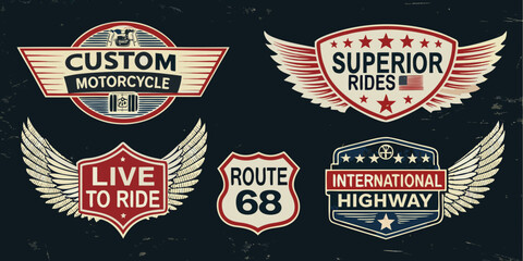 Vintage motorcycle and highway badges with wings and patriotic elements