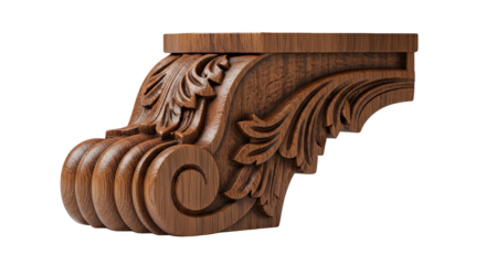 Carved wooden corbel with scroll and leaf motifs—decorative architectural support element with rich tone and detailed craftsmanship for interior design or furniture