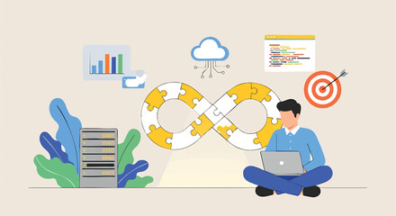Software developer working on laptop with DevOps infinity loop puzzle connection aiming for project goals and data analysis with cloud integration for agile team collaboration and continuous delivery