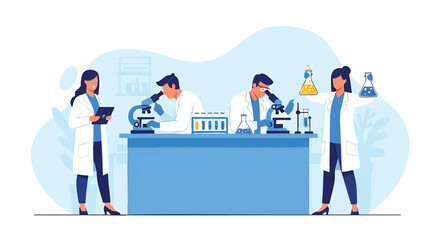 Team of scientists conducting research in laboratory with microscopes and chemical solutions concept of scientific discovery and innovation in medicine or biotechnology field
