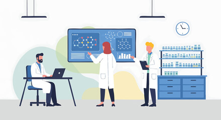 Team of Scientists Analyzing Data in a Modern Laboratory with Molecule Display and Scientific Equipment for Research and Development in Pharmaceutical Industry