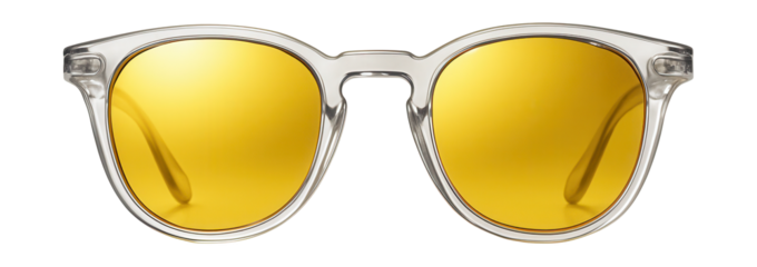 Clear frame sunglasses featuring yellow reflective lenses.