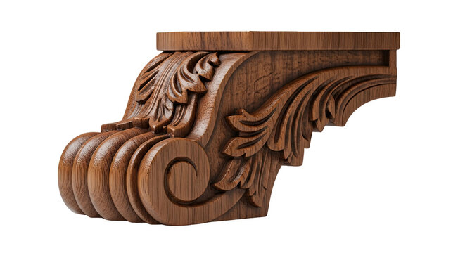 Carved wooden corbel with scroll and leaf motifs&mdash;decorative architectural support element with rich tone and detailed craftsmanship for interior design or furniture