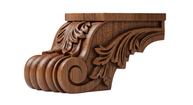 Carved wooden corbel with scroll and leaf motifs—decorative architectural support element with rich tone and detailed craftsmanship for interior design or furniture