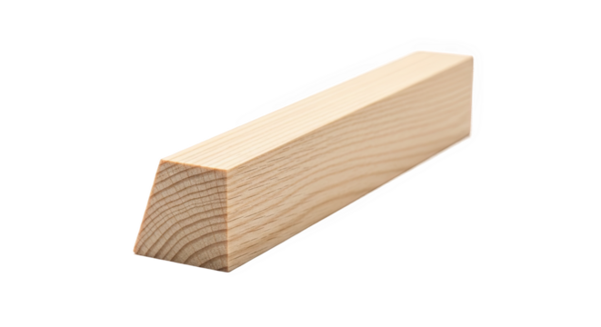 Trapezoidal wooden prism with visible grain and smooth finish—used in carpentry or construction for structural or decorative purposes