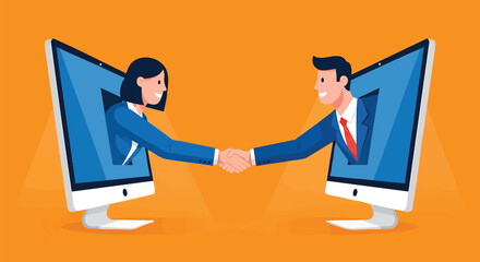 Virtual Handshake Illustration Depicting Business Agreement and Online Collaboration Between Two Professionals Across Digital Platforms Using Technology for Global Partnership and Success