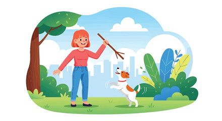 Woman playing with her happy dog in the park with a stick enjoying a beautiful day outdoor under a blue sky with fluffy clouds