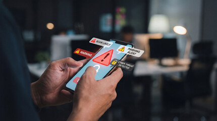 Cyber Security Alert On Smartphone, Scam Warning, Phishing Detected, Risk Notification, Mobile Digital Threat Protection