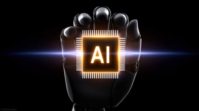 Ai chip neural connections in hand glowing on robotic palm with futuristic technology concept