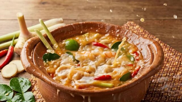 Spicy shrimp tom yum soup with fresh ingredients, cinematic close-up.