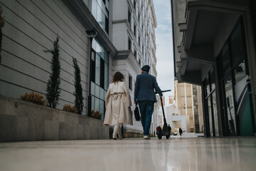 A man and woman walk side by side along a sleek city sidewalk. The scene captures urban life, fashion, and a casual commute with a scooter in a business district.