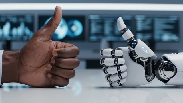 Human and Robot Hand Giving Thumbs Up in Technological Environment