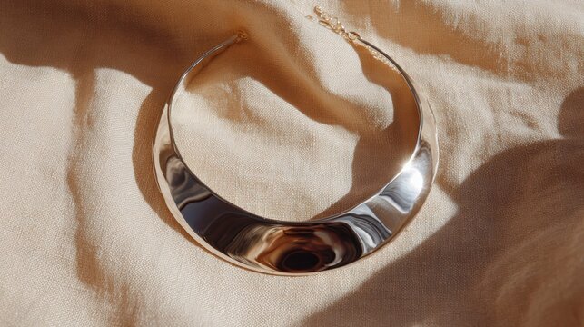 Close-up of a necklace lying on a beige fabric. the necklace is made of a shiny, metallic material and has a curved shape with a small loop at the top for hanging.