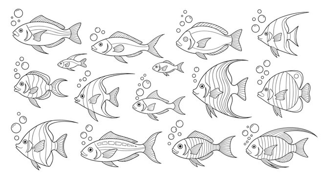 Collection of various sea and river fish outlines with bubbles presented as a coloring book page for children's activities.