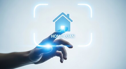 Close up of a businessman in a suit using a laptop computer to apply for a home loan online with a digital interface showing house icon and financial information