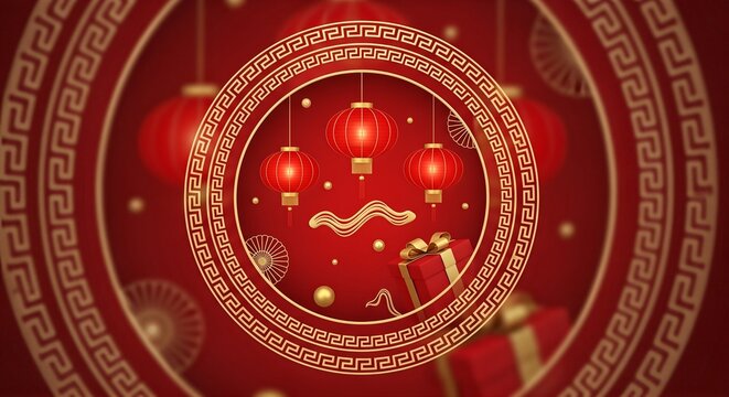 Chinese New Year Background Red Lanterns, Golden Ornaments - Powered by Adobe