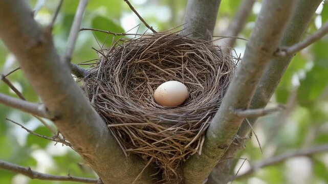 A bird's nest with a single egg nestled among branches, representing new life and growth