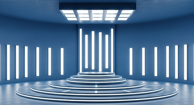 Blue Stage Podium, Modern Minimalist Studio, Product Showcase, Presentation