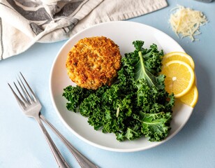 Plate with patty, kale, lemon and fork on blue