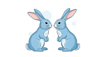 Cute illustration of two adorable blue rabbits standing on their hind legs and facing each other as if about to kiss or talk.